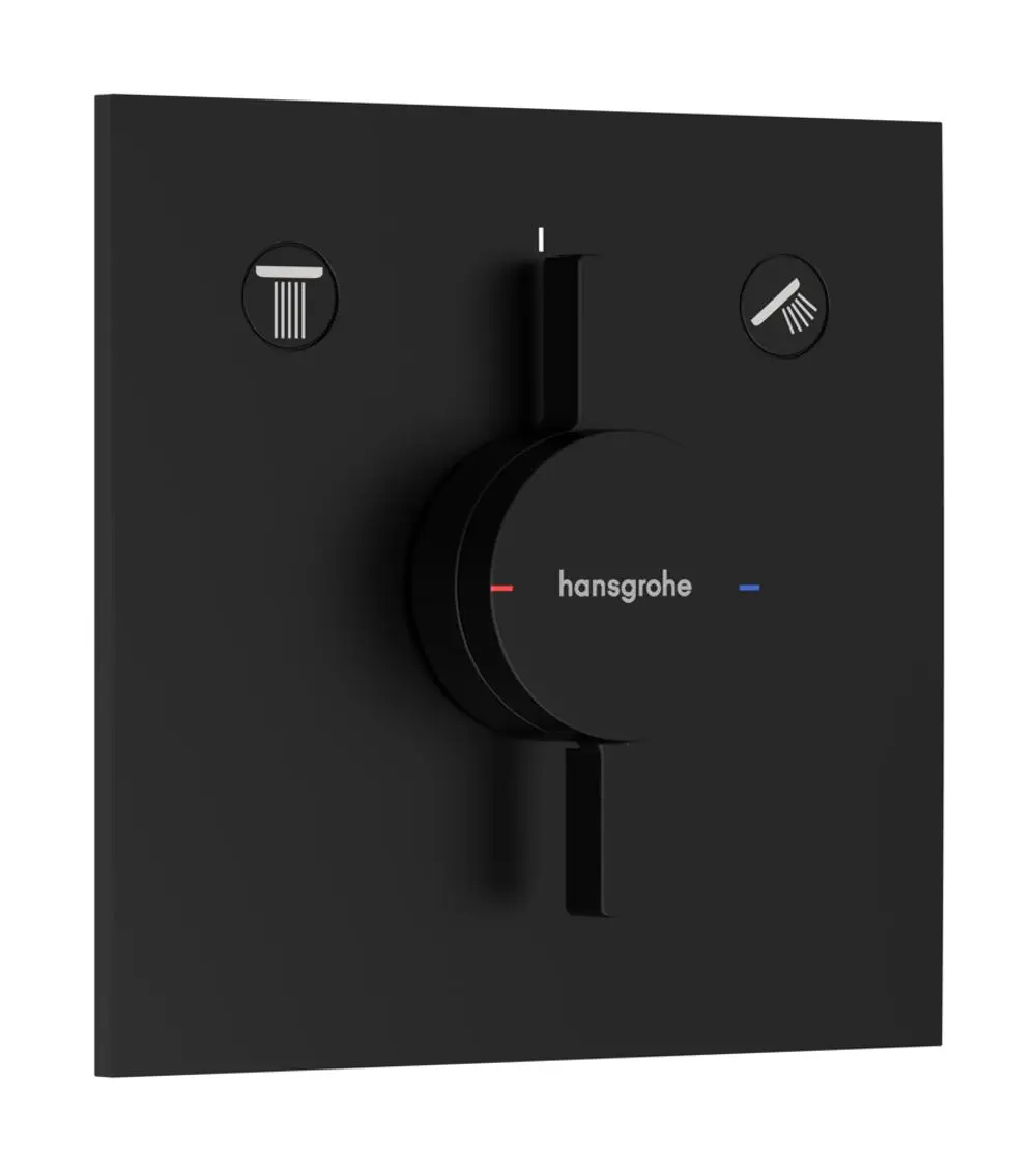 Deckeneinbau-Mischer mit einem runden Drehknopf von Hansgrohe, zwei Schaltern für unterschiedliche Verbraucher, in mattschwarzem Design.